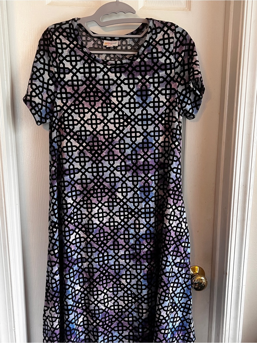 LuLaRoe Black Geometric Pattern Jessie Dress with Purple and Blue Accents
